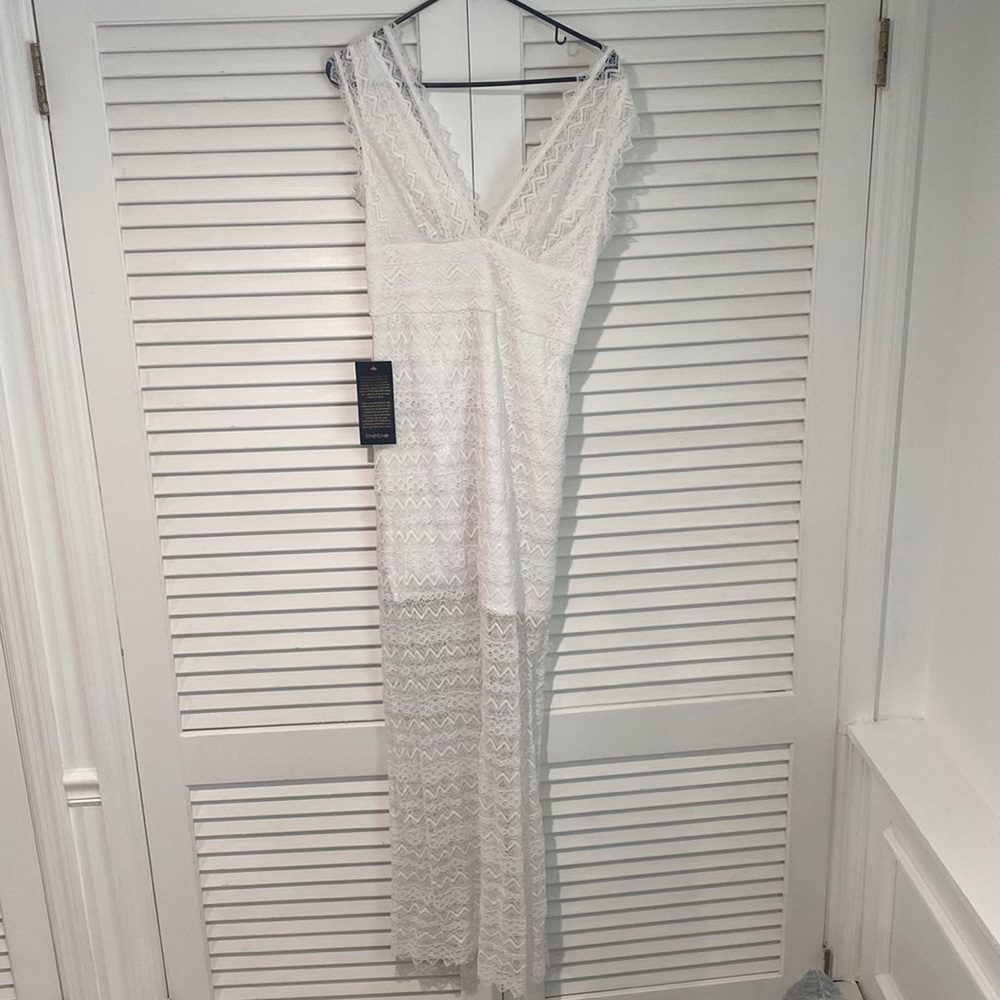 BEBE DBL STRIPED LACE MAXI DRESS